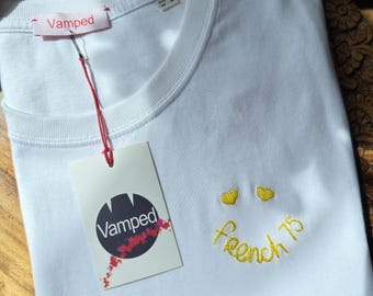 Camiseta para amantes de los cócteles - French 75 Smiley - Camiseta orgánica bordada a mano - Unisex / Mujer