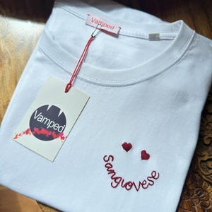 Wine lovers t-shirt - Sangiovese Smiley - Hand Embroidered Organic Tee - Unisex / Women&#39;s