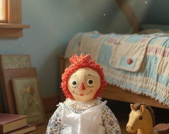 May include: A vintage Raggedy Ann doll with red yarn hair, a painted face, and a floral dress sits on a wooden floor. Beside it is a wooden rocking horse. Several antique books are stacked nearby, creating a nostalgic scene.