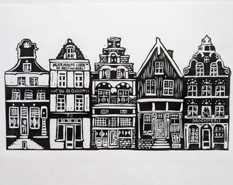 Holländische Häuser Linolschnitt - Geschäfte, Apotheke und Wohnungen