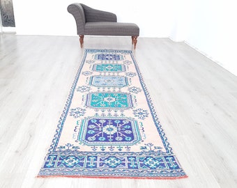 12 Feet Long Runner Rug - Vintage Handmade Persian Rug - Beige Green Blue - Hallway rug - Livingroom Rug - 3 x 11.7 feet - F331 -