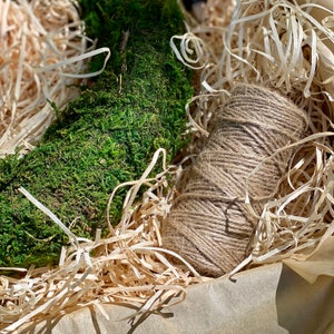 May include: A roll of natural twine is nestled in shredded paper, surrounded by a bed of green moss.