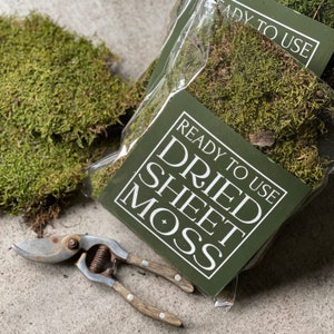 May include: A pack of dried sheet moss, ready to use. The pack is green with white text that reads "Ready to Use Dried Sheet Moss".
