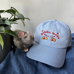 May include: A light blue baseball cap with the text "goblin mode" embroidered in red and yellow. The cap has a curved brim and a white adjustable strap.