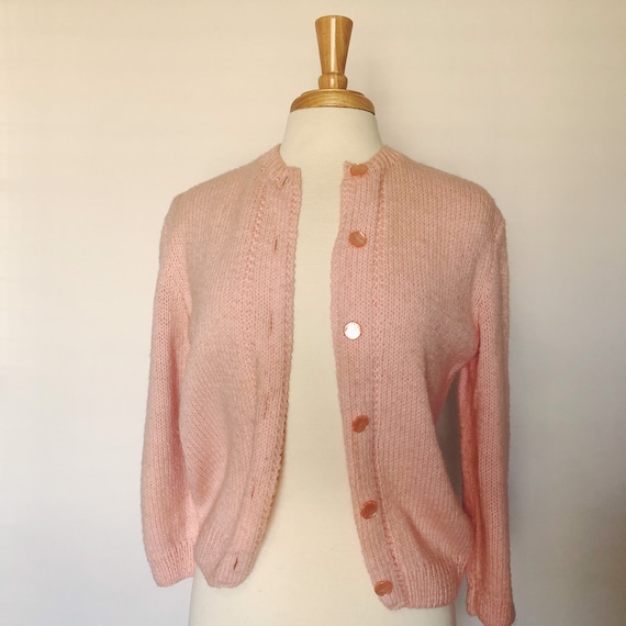 Hand knit Vintage Pink Cardigan Sweater - 50’s sty