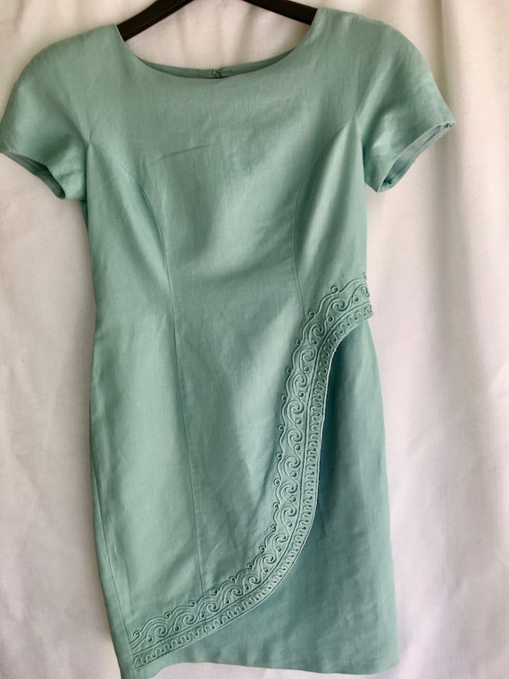 Vintage 90's Wrap front pale seafoam green sheath dress with soutache braid trim by Donna Morgan for Maggy