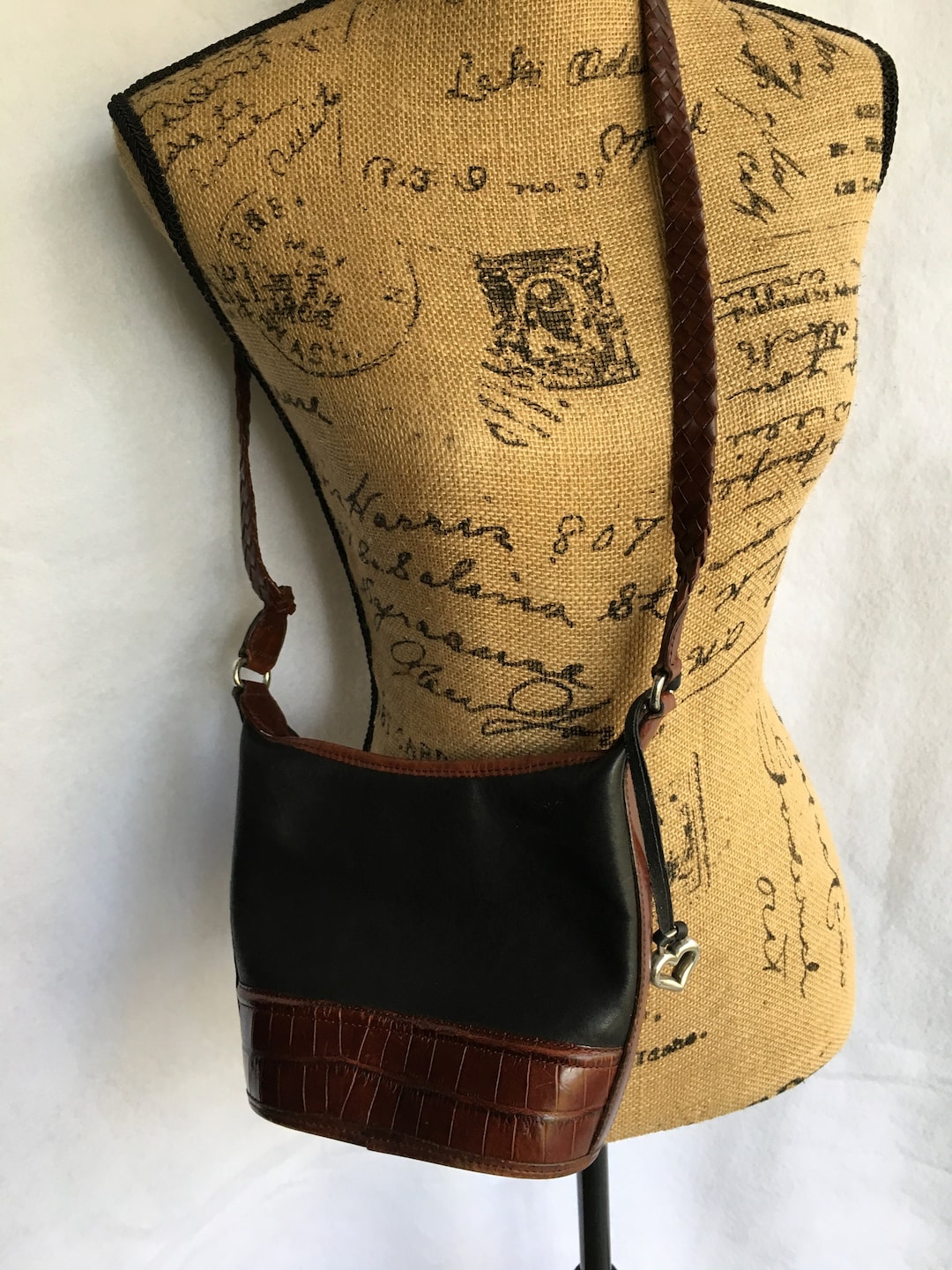 Vintage 90's Brighton Black Shoulder Handbag With Brown Embossed