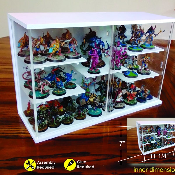 Display Case (7" high x 3 1/2" deep x 11 1/4" wide) inner dimensions, shelves, kit, board game miniatures, flex iron insert, magnetic bases