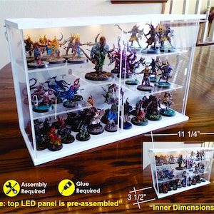 Display Case - Deluxe (7&quot; high x 3 1/2&quot; deep x 11 1/4&quot; wide) LED lights, shelves, kit, board game minis, flex iron insert, magnetic base
