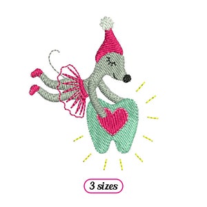May include: Embroidered design of a gray mouse wearing a pink hat and a pink tutu holding a green tooth with a pink heart on it. The tooth is surrounded by yellow rays of light. The text "3 sizes" is below the image.