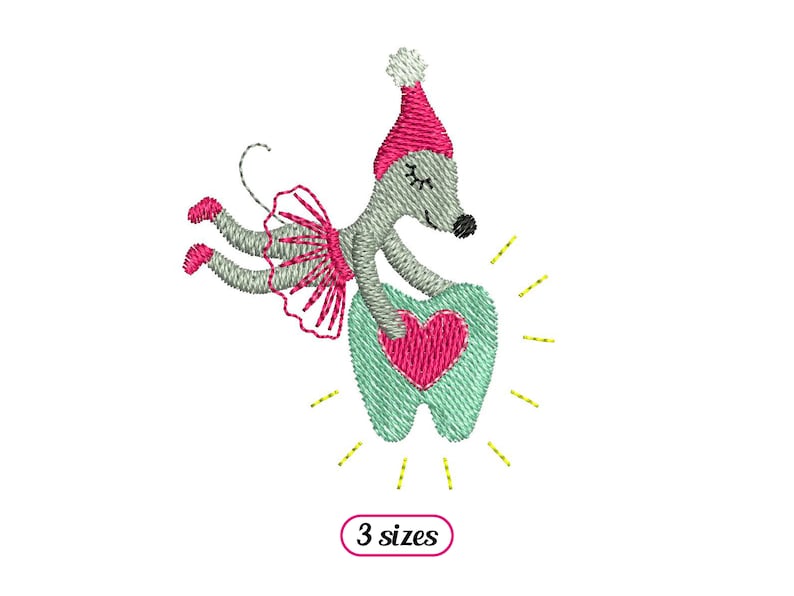 May include: Embroidered design of a gray mouse wearing a pink hat and a pink tutu holding a green tooth with a pink heart on it. The tooth is surrounded by yellow rays of light. The text "3 sizes" is below the image.