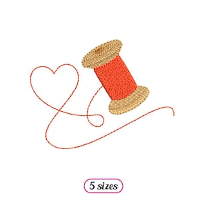 May include: Red thread spool with a heart shape made of thread. The spool is beige and the thread is red. The image includes the text "5 sizes".