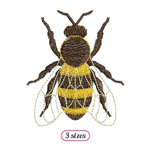 Könnte beinhalten: Gestickte Bienen-Design mit braunen und gelben Streifen und durchsichtigen Flügeln. Die Biene ist nach vorne gerichtet mit ausgebreiteten Flügeln. Das Design ist in drei Größen erhältlich.