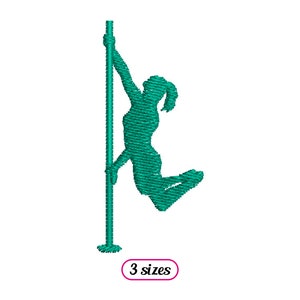 Puede incluir: Silueta turquesa de una persona realizando una pose de pole dance. La persona está agarrada a un poste con una mano y tiene las piernas envueltas alrededor del poste. La imagen incluye el texto "3 tamaños".