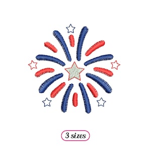 May include: Red, white, and blue firework embroidery design with a star in the center.  3 sizes.