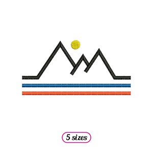 May include: A black and white mountain range design with a yellow sun above. The mountains are outlined with a black line and the sun is filled in with yellow. There are two horizontal lines below the mountains, one blue and one orange.