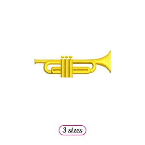 Könnte beinhalten: Ein goldfarbenes, gesticktes Trompeten-Design auf weißem Hintergrund. Die Trompete ist ein Blasinstrument mit einem ausgestellten Schallbecher und drei Ventilen. Der Text "3 sizes" steht in einem rosa Oval.