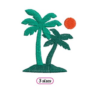 May include: Two green palm trees with a single orange sun above them. The trees are on a green island.