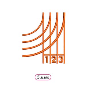 Könnte beinhalten: Ein orangefarbenes Stickdesign mit geschwungenen Linien und den Zahlen 1, 2 und 3. Der Text "5 Größen" befindet sich in einem rosa Oval. Dieses Design ist wahrscheinlich für Stickereien oder ein ähnliches Bastelprojekt.