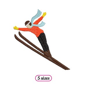 Könnte beinhalten: Eine gestickte Darstellung einer Person in einem roten Shirt und einem blauen Schal, die auf Skiern springt. Die Ski sind braun und die Person trägt gelbe Handschuhe.