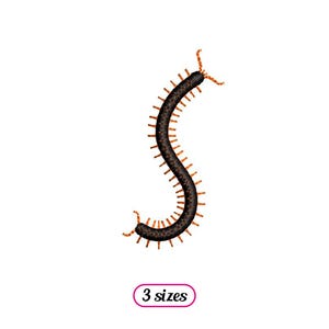 May include: A stylized illustration of a centipede with a dark brown body and orange legs, curved against a white background. The text "3 sizes" is in a pink oval.
