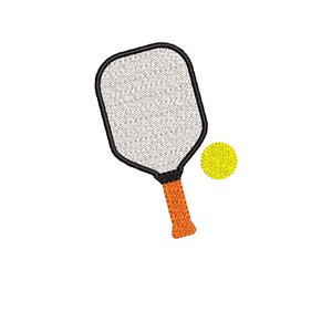 May include: A black and orange pickleball paddle with a yellow ball.