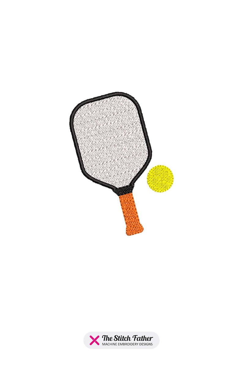 May include: A black and orange pickleball paddle with a yellow ball.