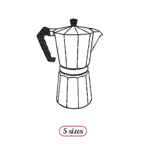 Könnte beinhalten: Eine Schwarzweiß-Zeichnung einer Kaffeekanne mit Henkel. Die Kaffeekanne ist eine traditionelle italienische Moka-Kanne.