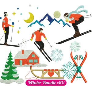 Winter Sport Bundle x 10 Machine Embroidery designs – Mountains, Skiers, Snowflakes, Mountain Chalet, Wood Sled, Fir Tree - INSTANT DOWNLOAD