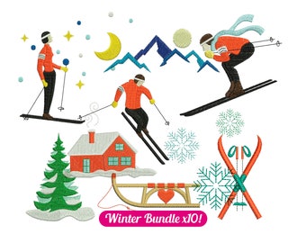 Winter Sport Bundle x 10 Machine Embroidery Design – Mountains, Skiers, Snowflakes, Mountain Chalet, Wood Sled, Fir Tree - INSTANT DOWNLOAD