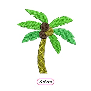 May include: Green palm tree with a brown trunk and three coconuts. The palm tree is a digital embroidery design available in three sizes.