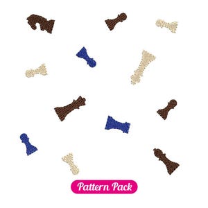 May include: A white background features scattered embroidered chess pieces in brown, blue, and beige. The pieces include rooks, bishops, and pawns. A pink banner at the bottom reads "Pattern Pack".