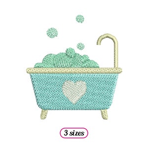 May include: A blue bathtub with a white heart and yellow rim, filled with green bubbles and a yellow faucet. The text "3 sizes" is below the bathtub.