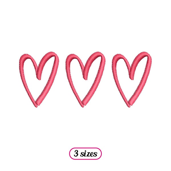 Mini Horizontal Hearts Machine Embroidery design – Three Hearts – Satin Stitch Hearts Outline – Line of Hand Drawn Hearts - INSTANT DOWNLOAD