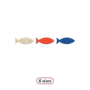Peut inclure: Trois poissons brodés en ligne : beige, orange et bleu. Les poissons ont un design simple, avec un corps profilé et une petite nageoire. Le texte "6 tailles" est dans un ovale rose.