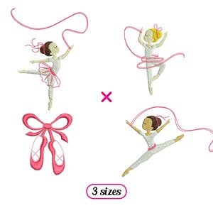 May include: Four embroidery designs featuring a ballerina with a ribbon, a ballerina with a ribbon, a pair of ballet shoes with a bow, and a ballerina with a ribbon. The designs are available in three sizes.