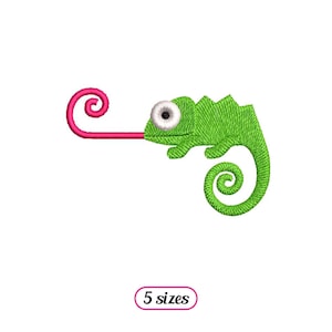 May include: Green chameleon with a pink tongue sticking out, embroidered design. 5 sizes.