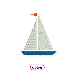 Peut inclure: Un voilier blanc avec une coque bleue et un drapeau orange. Le voilier est un design simple avec une seule voile.
