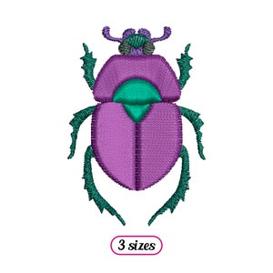 May include: Purple and green embroidered beetle design with the text "3 sizes" below.