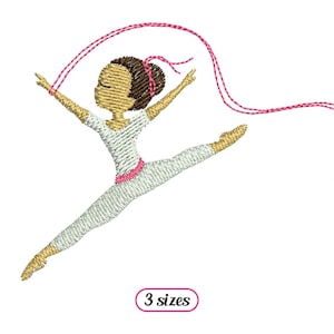 May include: An embroidered design of a gymnast with brown hair, wearing a white leotard and pink ribbon, performing a split with a pink ribbon flowing behind her. The design includes the text "3 sizes".