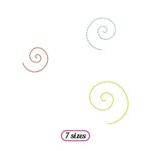 May include: Three spiral designs in different colors: red, teal, and yellow. The spirals are outlined with a dashed line. The text "7 sizes" is below the spirals.