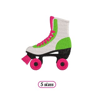 May include: Embroidered roller skate design in white, black, green, and pink. The roller skate has pink laces, wheels, and toe stop. The text "5 sizes" is in a pink oval below the skate.
