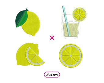 May include: Embroidery designs featuring lemons and lemonade. The designs include a whole lemon, a lemon slice, a lemon wedge, and a glass of lemonade with a straw. The designs are available in three sizes.