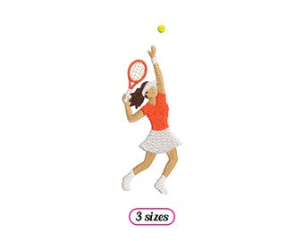 May include: Embroidered design of a tennis player in a red top and white skirt, serving a yellow tennis ball. The player is holding a red tennis racket. The image includes the text "3 sizes".