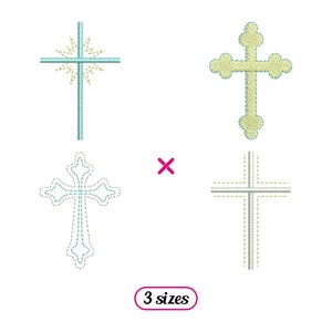 May include: Four different cross embroidery designs in three sizes. The crosses are in shades of blue and yellow.