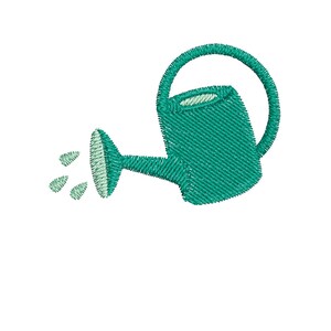 May include: A green watering can with a handle and a spout pouring water. The water is represented by three green drops.