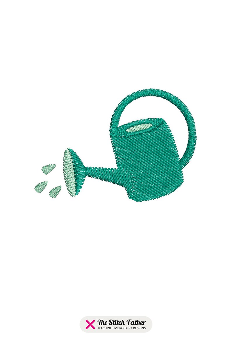 May include: A green watering can with a handle and a spout pouring water. The water is represented by three green drops.