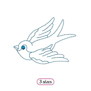 May include: A blue outline of a bird with a single eye, flying to the right. The bird has a small beak and a long tail. The image is a digital embroidery design.