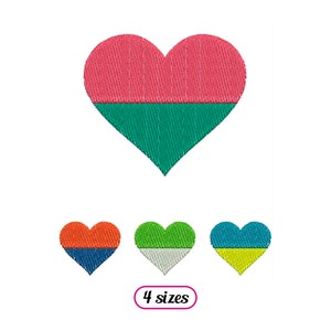May include: Four embroidered heart designs in different colour combinations. The hearts are split in half horizontally, with the top half in one colour and the bottom half in another colour. The colours are red and green, orange and blue, green and white, and blue and yellow.
