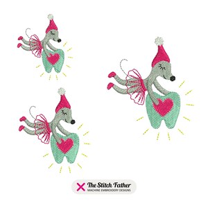 May include: Three embroidered images of a gray mouse wearing a red Santa hat and a pink tutu holding a green tooth with a pink heart on it. The tooth is surrounded by yellow stars.